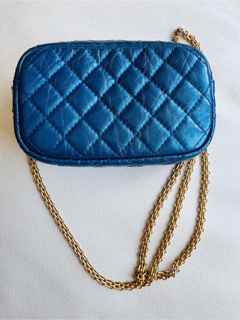 Chanel Mini 2.55 Reissue Quilted Metallic Blue Crossbody Bag with Gold Chain - Picture 11 of 16